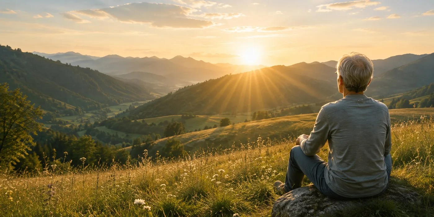 Mann genießt den Sonnenuntergang in den Bergen