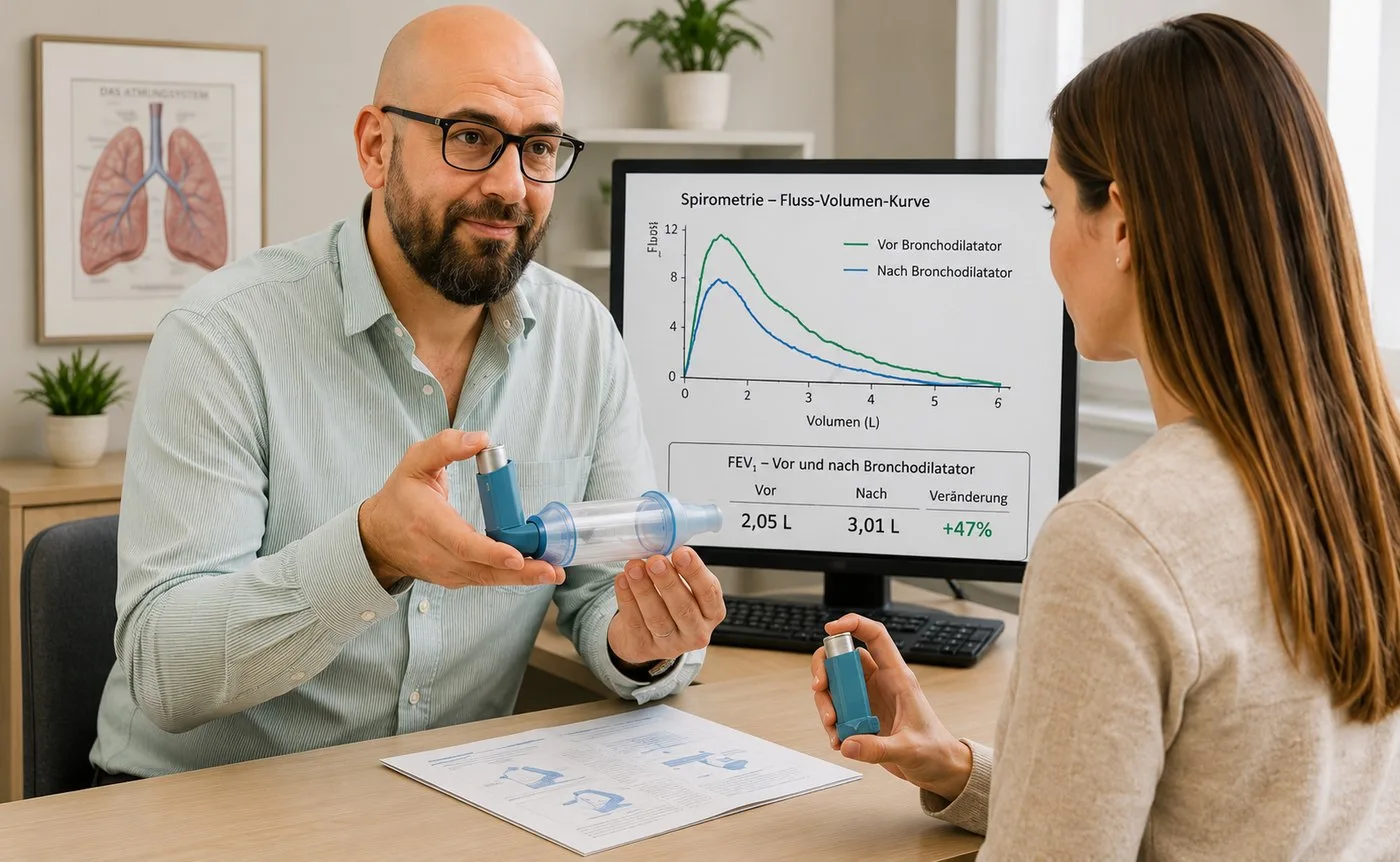 Arzt erklärt Patientin die Anwendung des Inhalators