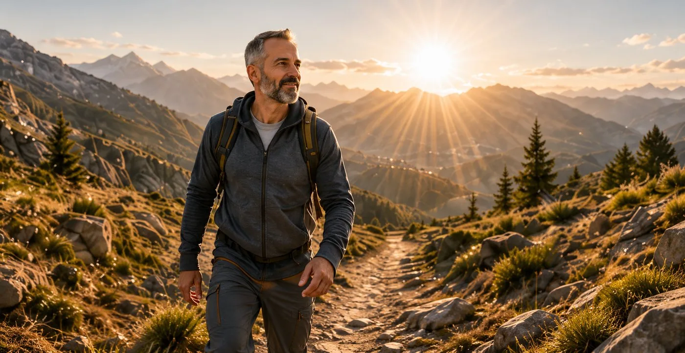 Mann wandert bei Sonnenaufgang in den Bergen