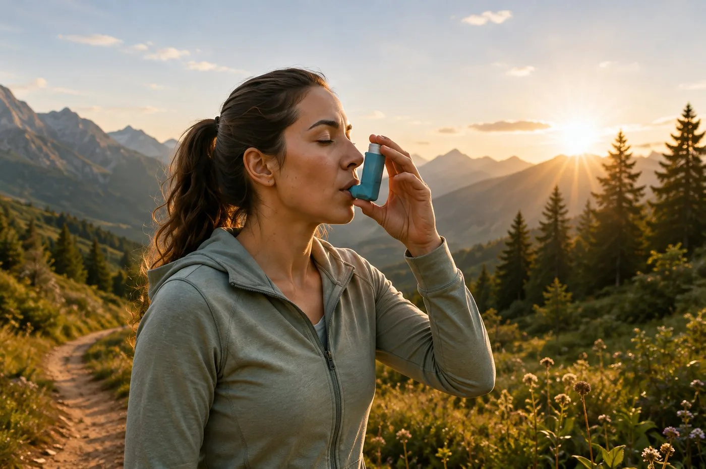Frau mit Inhalator in den Bergen bei Sonnenaufgang