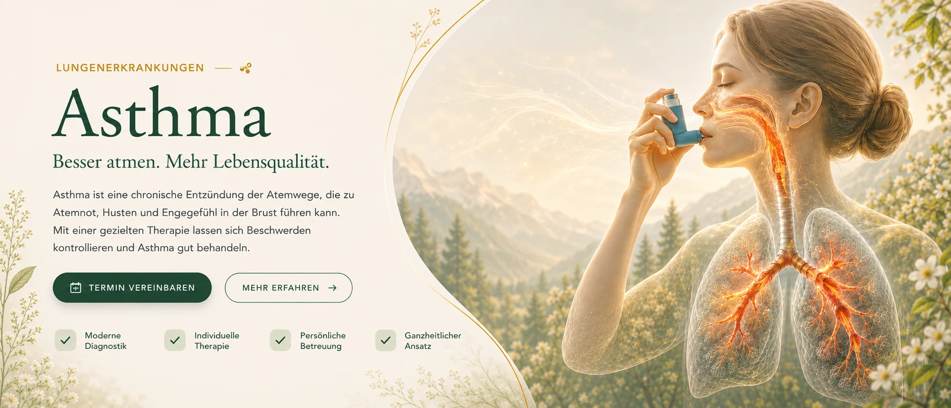 Medizinische Illustration einer Frau, die einen Asthma-Inhalator verwendet, mit sichtbaren Atemwegen und Lungen vor einer Berglandschaft.