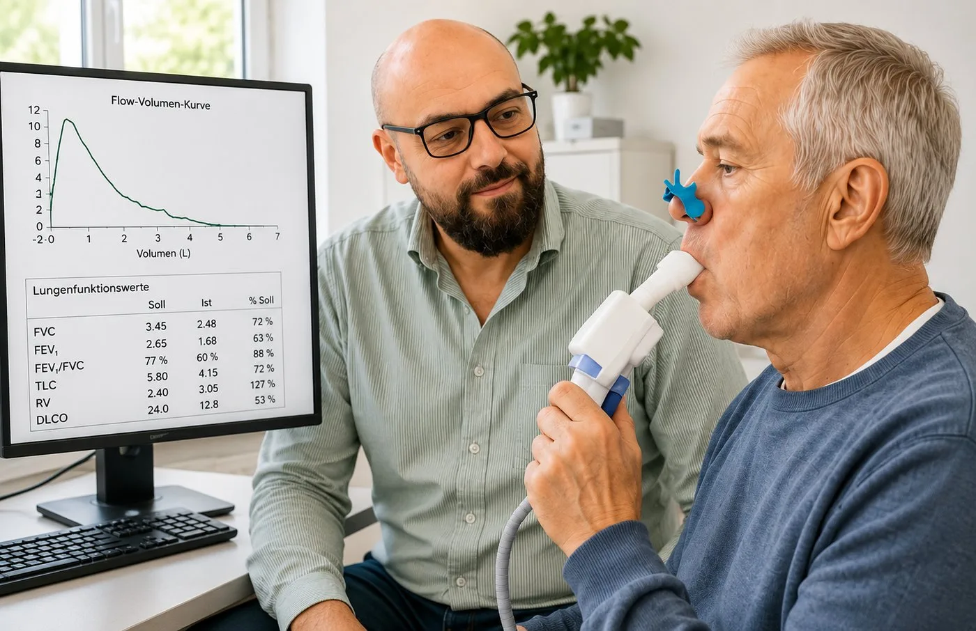 Arzt begleitet Patienten bei der Lungenfunktionsmessung
