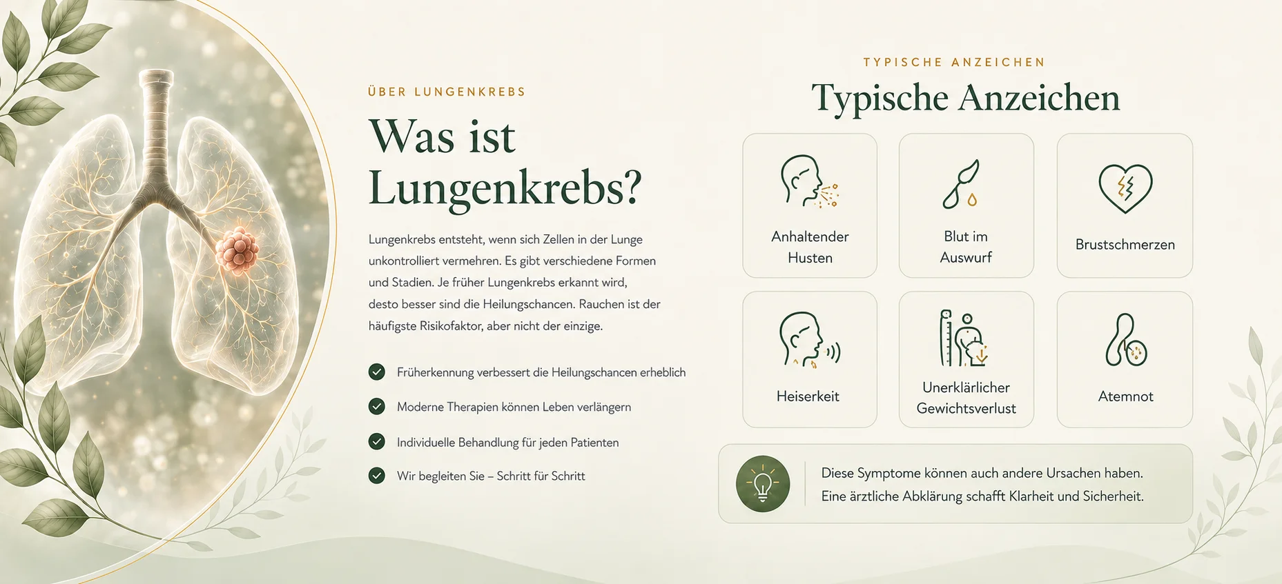 Medizinische Darstellung einer Lunge mit einem Tumor vor einer sanften botanischen Landschaft.