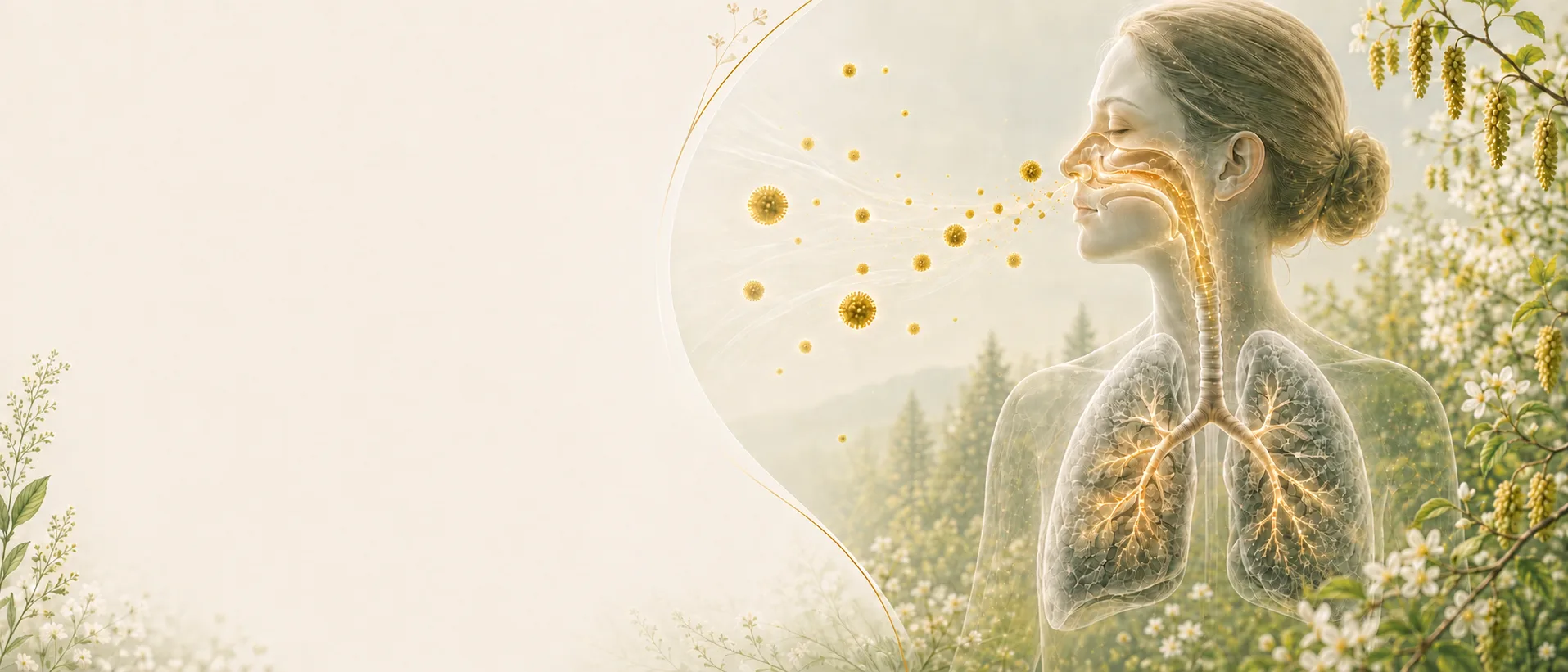 Medizinische Illustration einer Frau, deren Atemwege und Lunge sichtbar sind, umgeben von Pollen und blühender Natur.