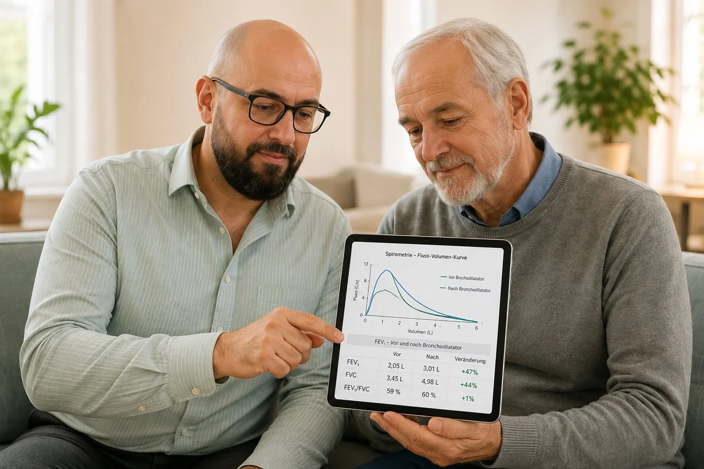 Arzt bespricht Lungenfunktionswerte mit Patient am Tablet