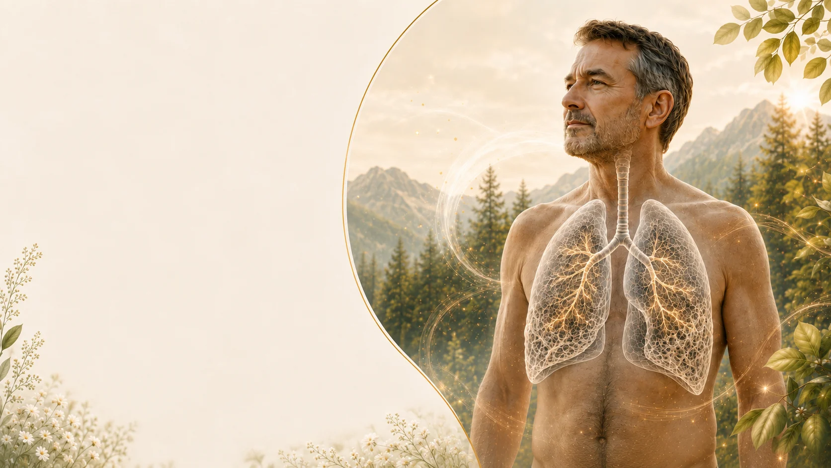 Medizinische Illustration eines Mannes mit sichtbaren Atemwegen und Lungen vor einer naturnahen Berglandschaft.