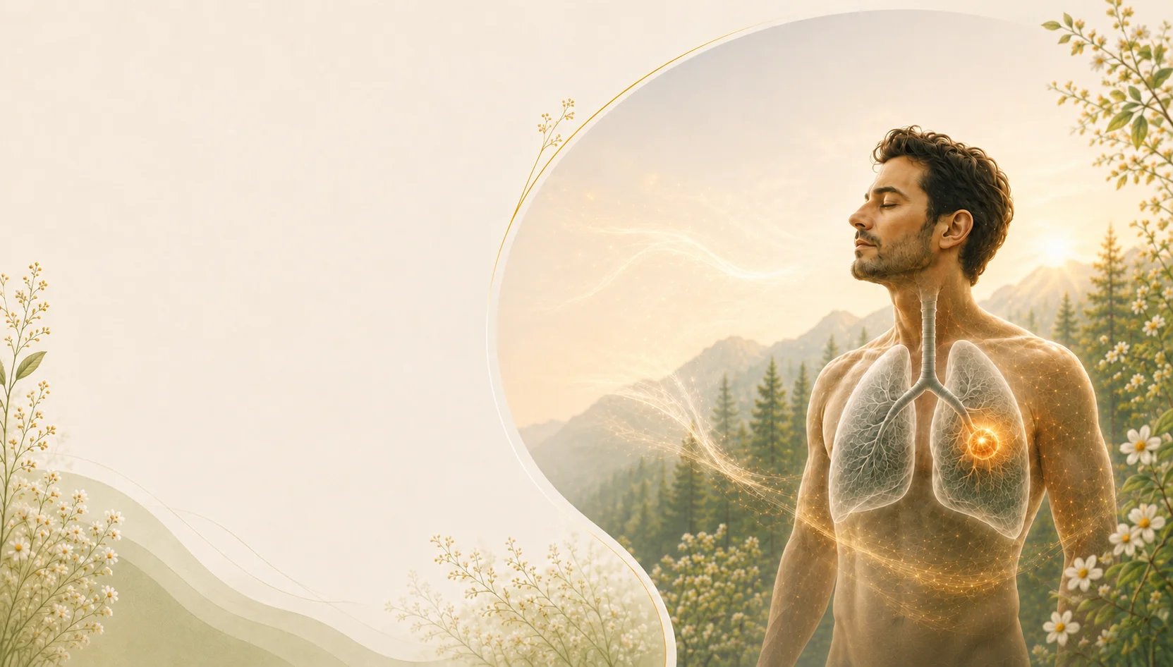 Medizinische Illustration eines Mannes mit sichtbaren Atemwegen und Lungen vor einer naturnahen Berglandschaft.