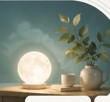 Nachttisch mit Mondlampe und Pflanze